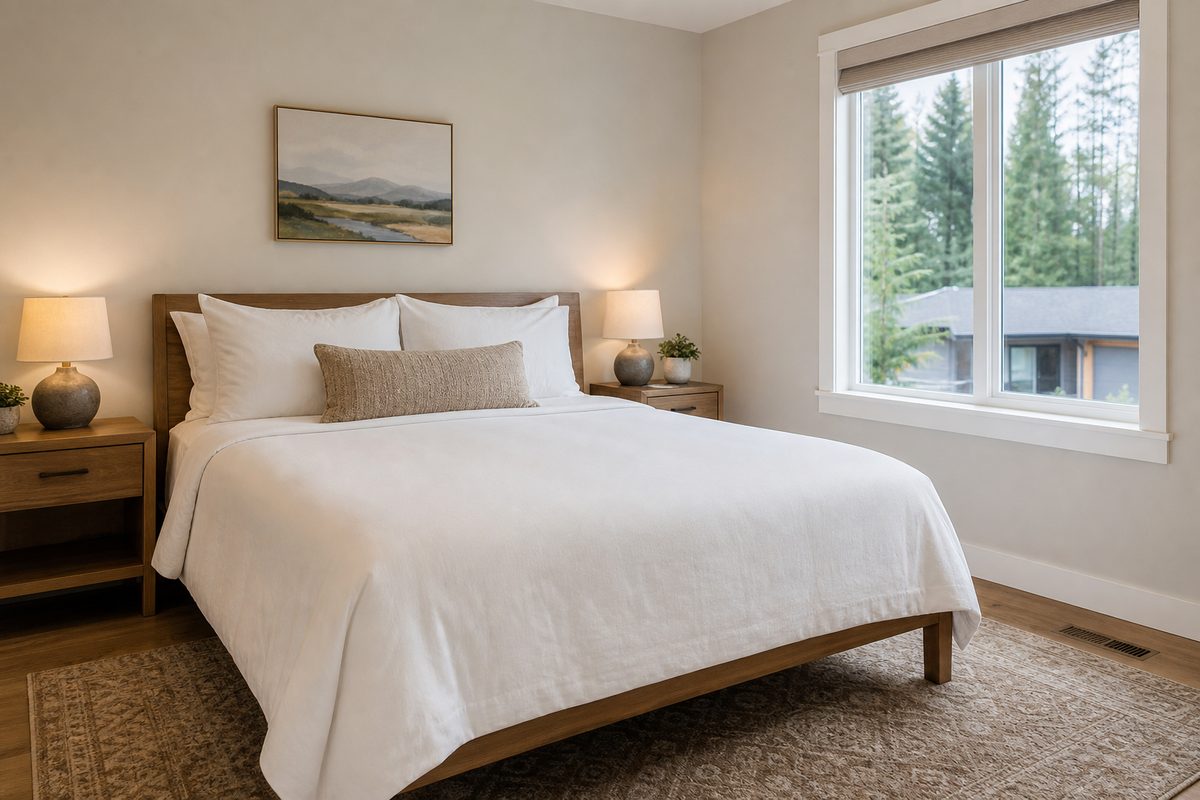 A short-term rental guest bedroom in Spokane with crisp white bed linens, tight hospital corners, and clear nightstands ready for check-in