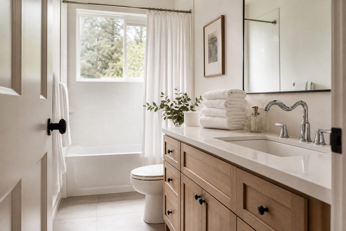 A short-term rental bathroom reset for the next guest with folded white towels, spare toilet paper, and a streak-free mirror above a clean vanity