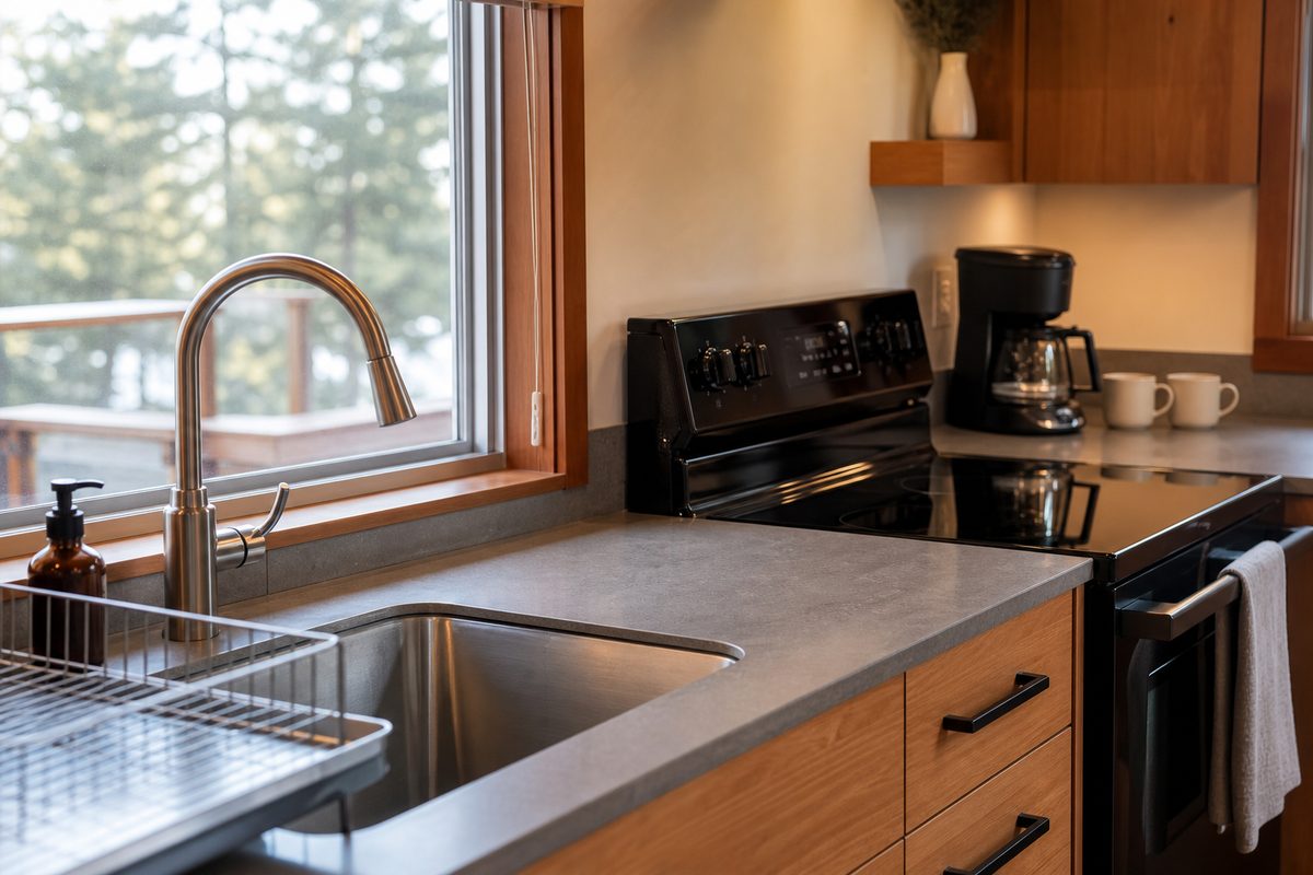 A reset short-term rental kitchen in Spokane with clear counters, a wiped stovetop, an empty dish rack, and a restocked coffee station