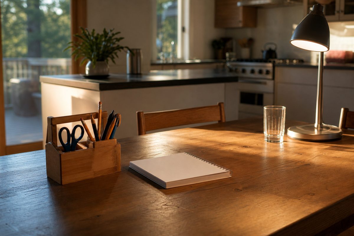 A cleared kitchen table set up as a homework station with a supply caddy and good afternoon light in a Spokane home