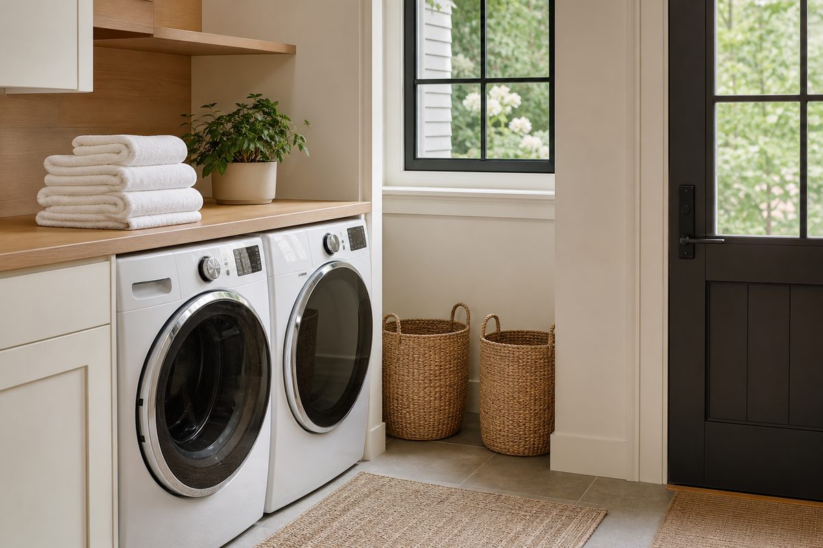 A tidy Spokane mudroom and laundry area with folded towels and empty baskets ready for the school year routine