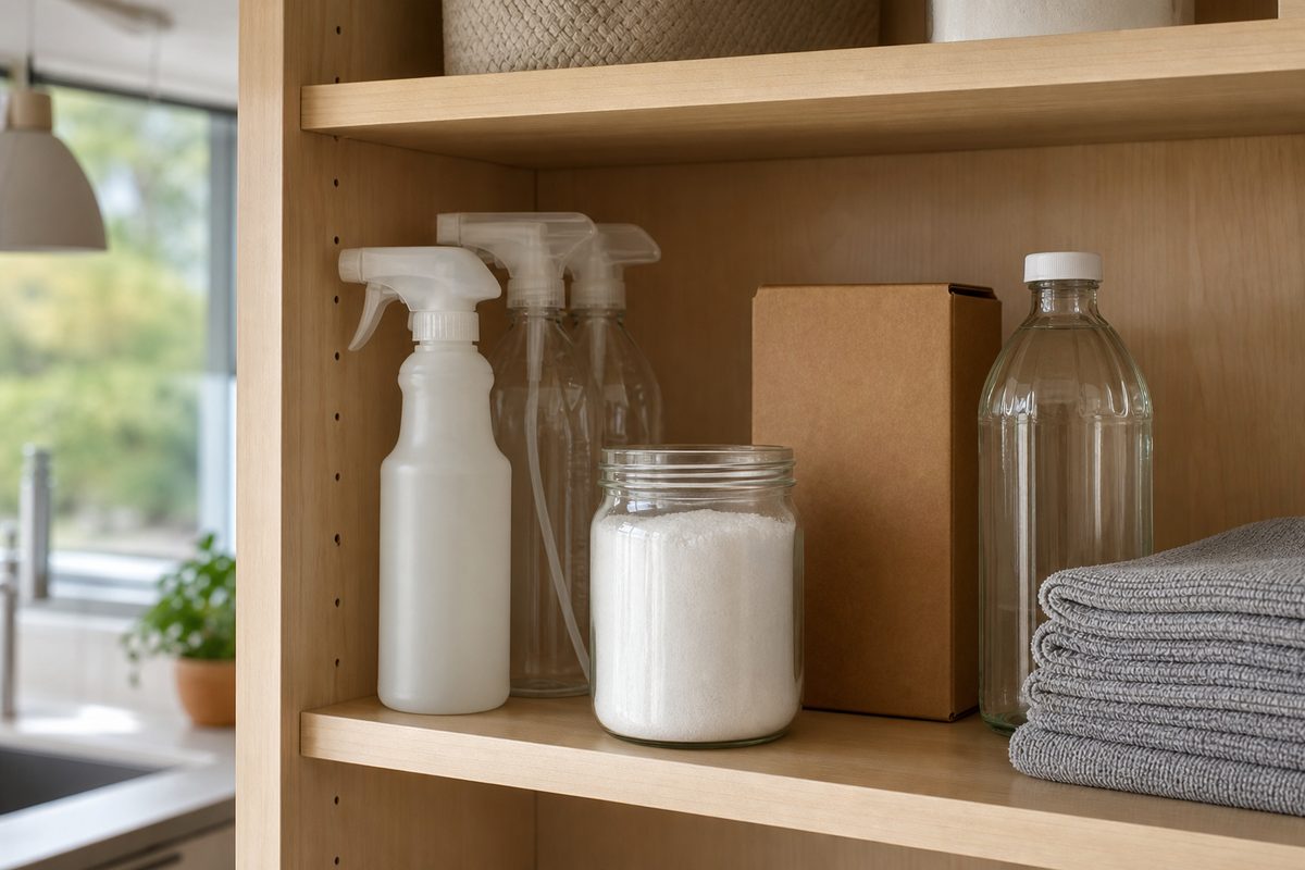 A tidy shelf of unlabeled spray bottles, a jar of citric acid powder, a box of washing soda, and folded microfiber cloths in a Spokane home