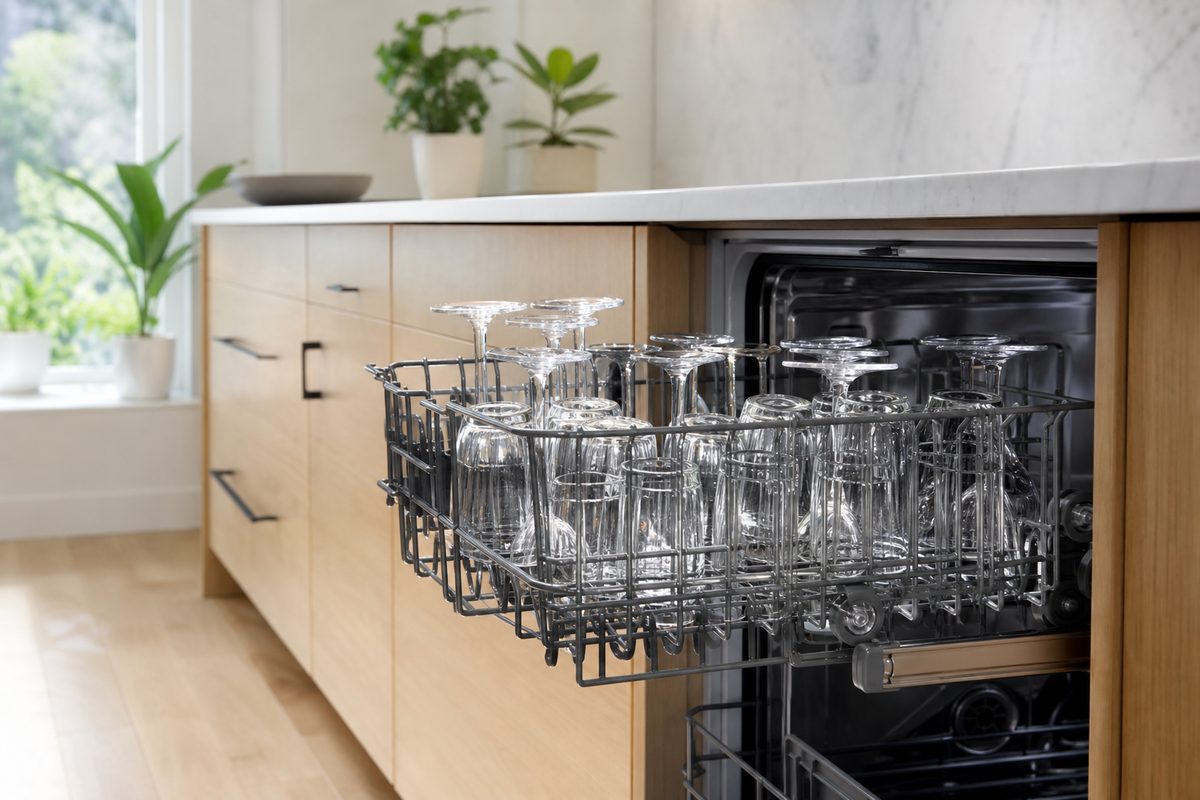 An open dishwasher rack of clear, spot-free glassware in a bright Spokane kitchen