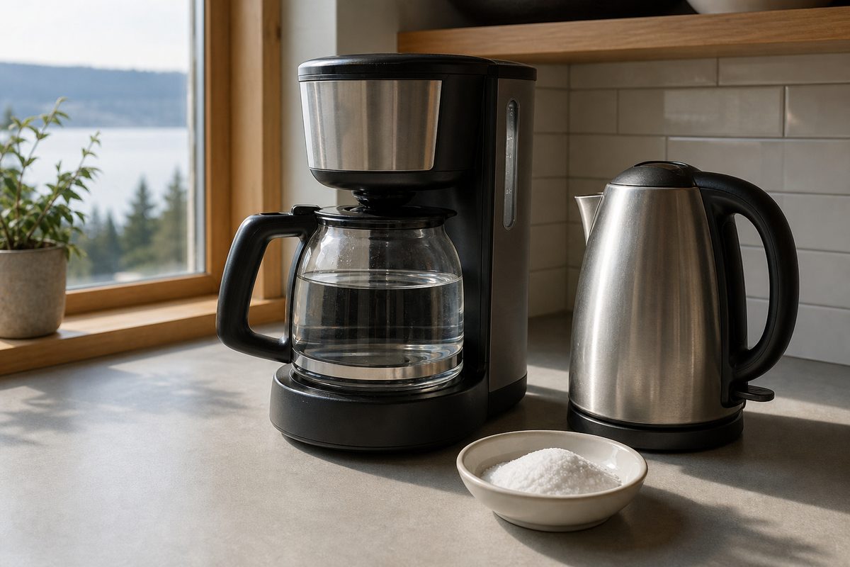 A drip coffee maker and electric kettle on a Spokane kitchen counter with a glass carafe of water and a small dish of citric acid powder