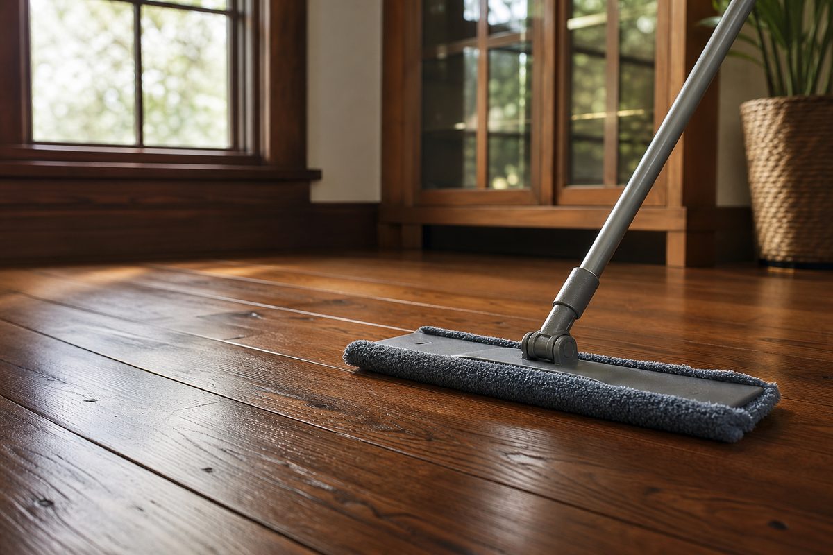 Original old-growth fir floors in a historic Spokane home being cleaned gently with a damp microfiber mop along the grain