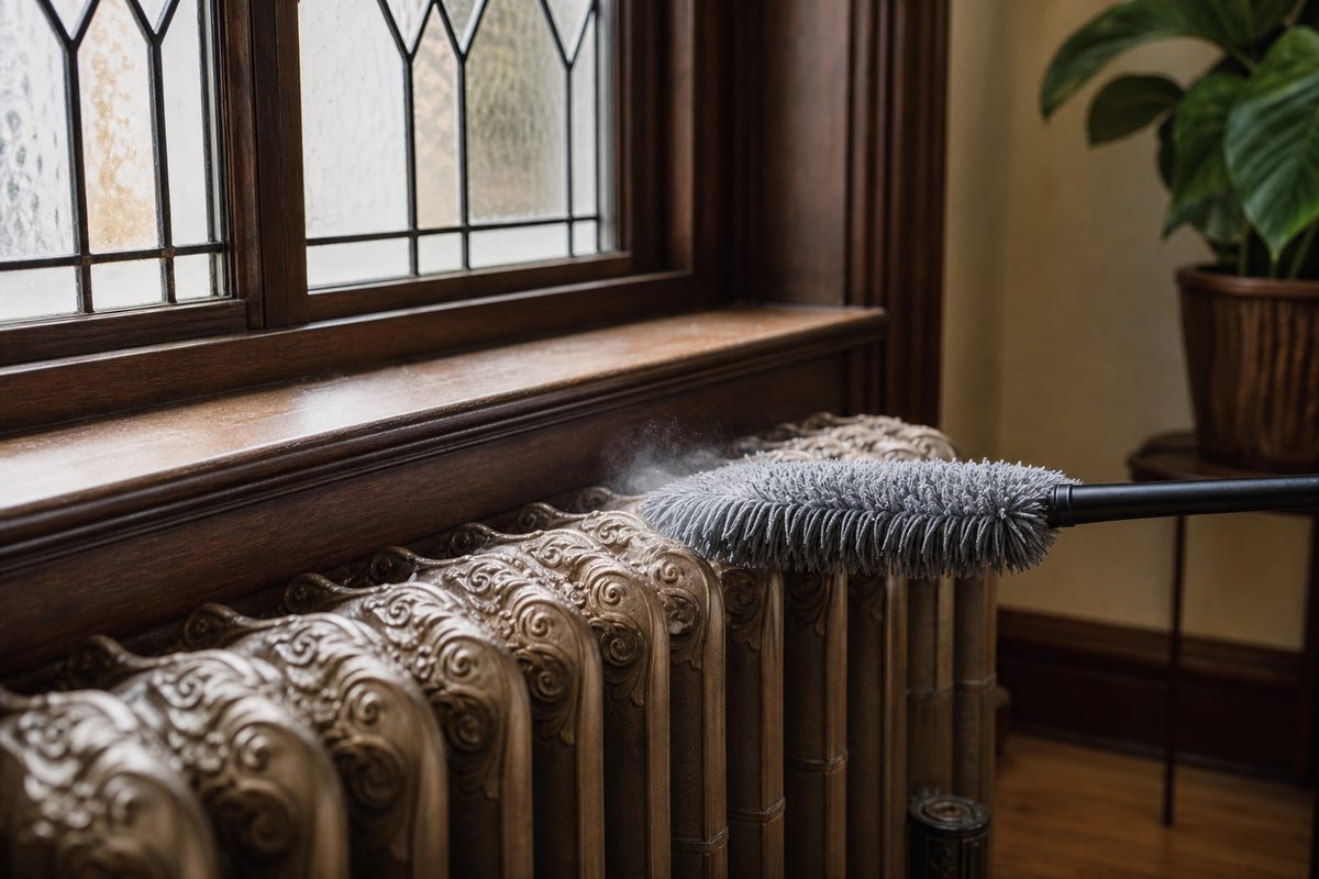 A cast-iron radiator and leaded glass window in a historic Spokane home being dusted gently with a microfiber wand