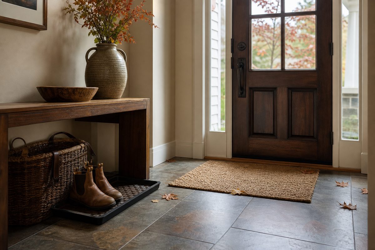 A Spokane home entryway in fall with a boot tray and doormat keeping leaves and debris off the floor