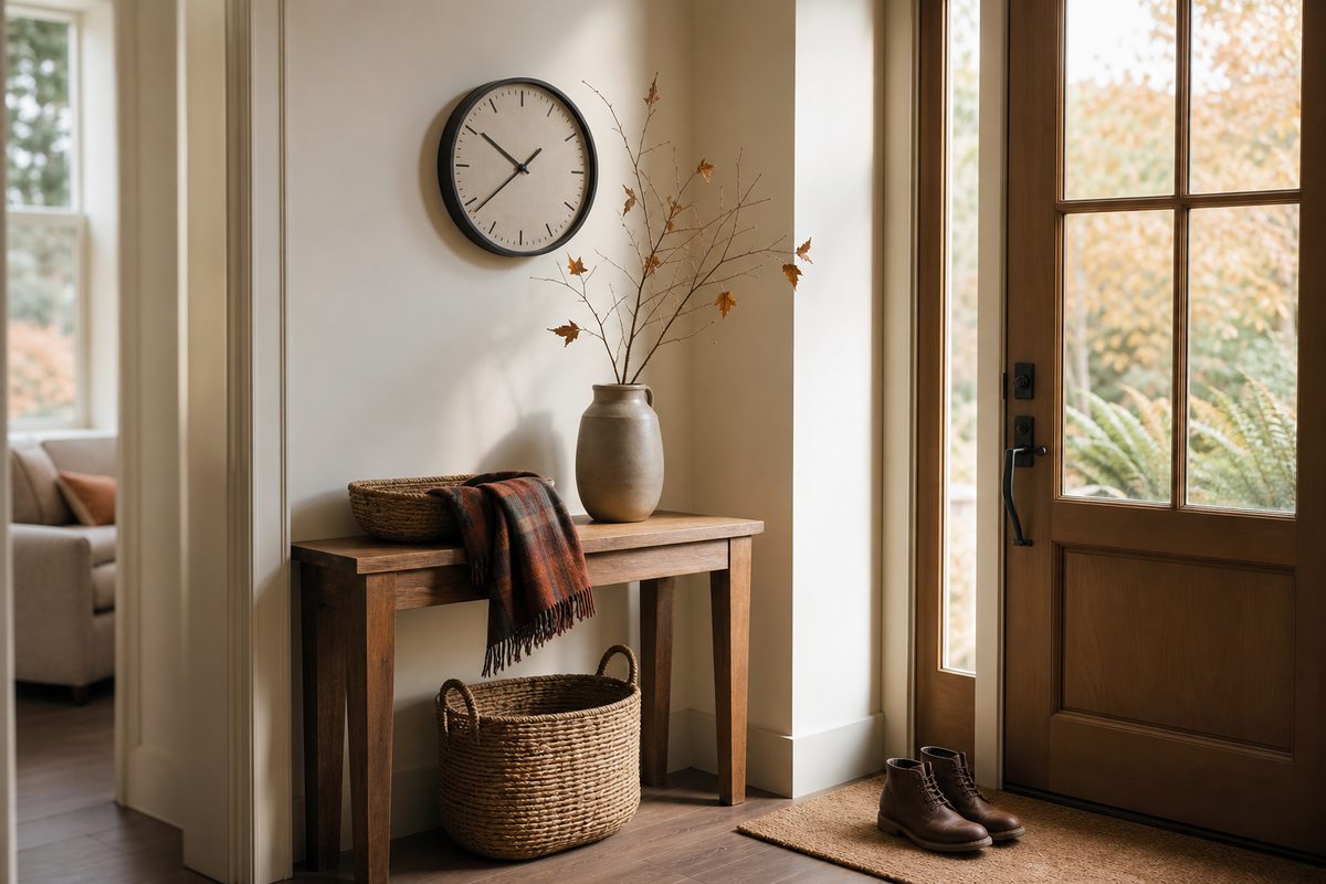 A tidy Spokane home entryway with a wall clock, a basket, a folded scarf, and boots on a clean mat in late autumn light