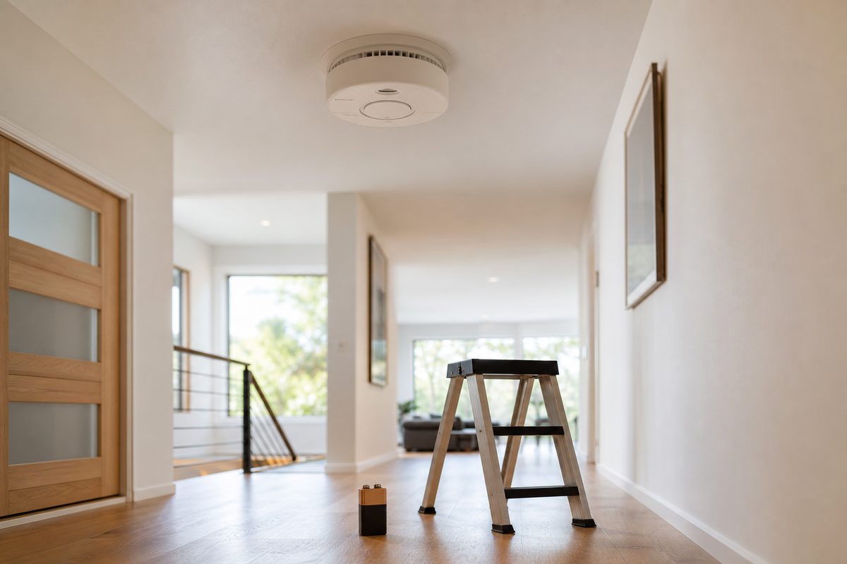 A ceiling-mounted smoke alarm in a Spokane hallway with a fresh nine volt battery and a step ladder below