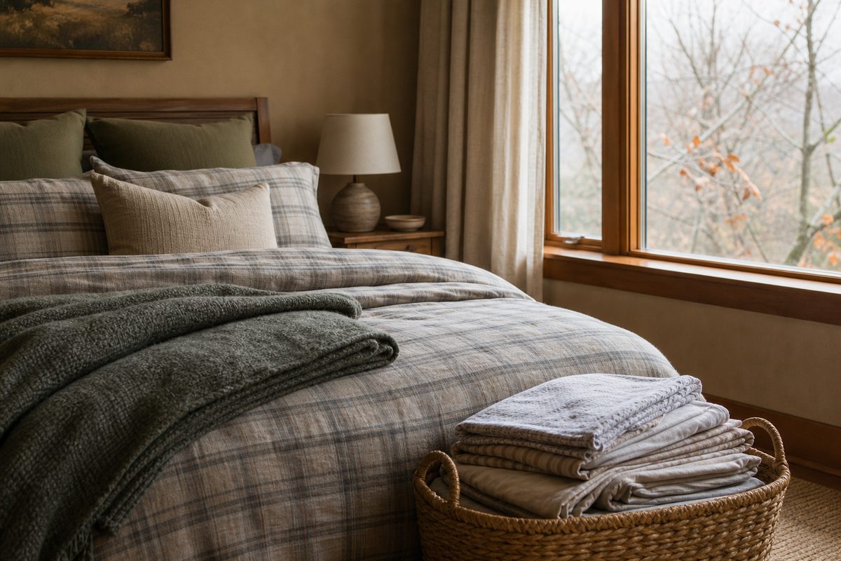 Heavier flannel bedding on a made bed beside folded summer sheets in a storage basket in a Spokane bedroom
