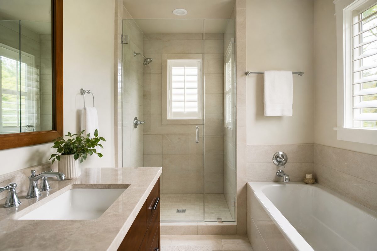 A deep-cleaned Spokane bathroom with scrubbed tile and grout and a streak-free glass shower