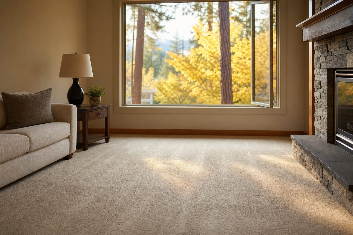 Freshly cleaned wall-to-wall carpet in a Spokane living room with the window open to yellow fall leaves and ponderosa pines