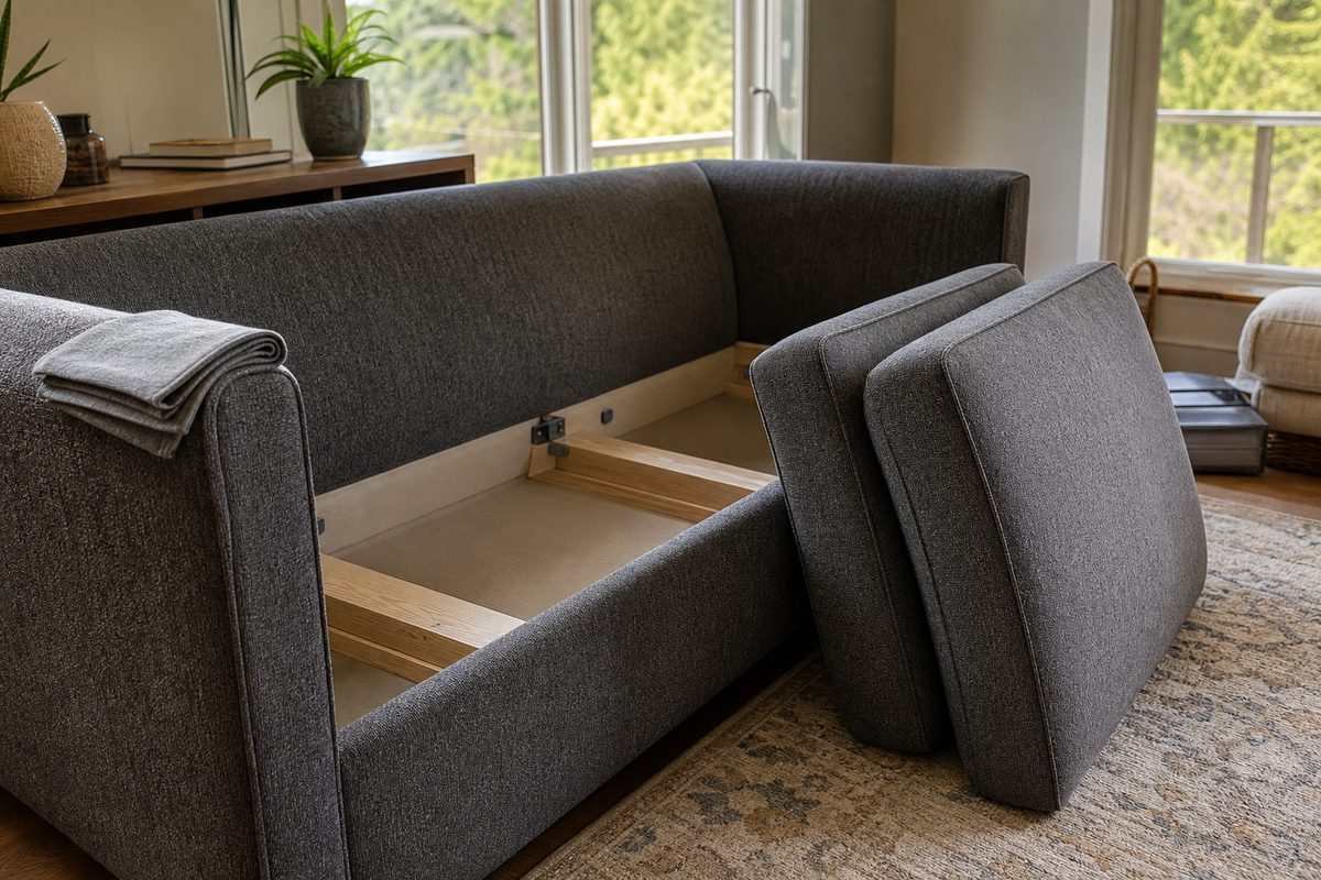 A fabric sofa in a Spokane family room with the seat cushions lifted off to show the frame and crevices before upholstery cleaning