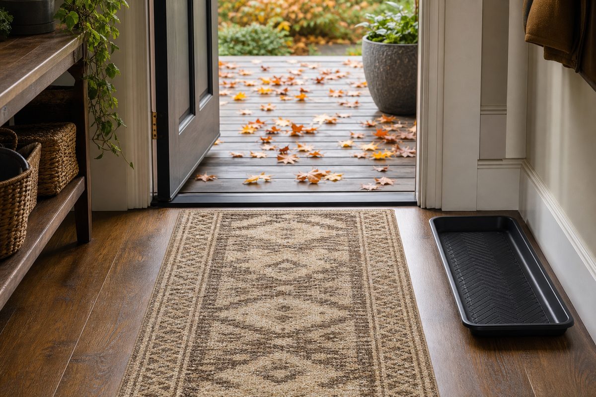 A clean patterned entry runner and empty boot tray inside a Spokane front door with fallen maple leaves on the porch outside