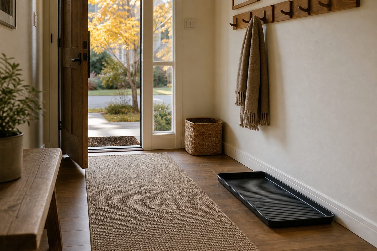 A tidy Spokane entryway with a boot tray, layered mats, and hooks ready for winter, lit by low autumn light