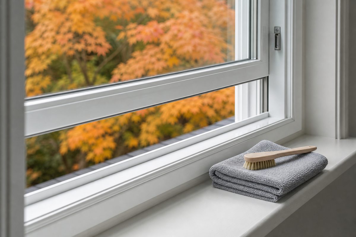 A clean Spokane window sill and track with clear glass and autumn trees visible outside