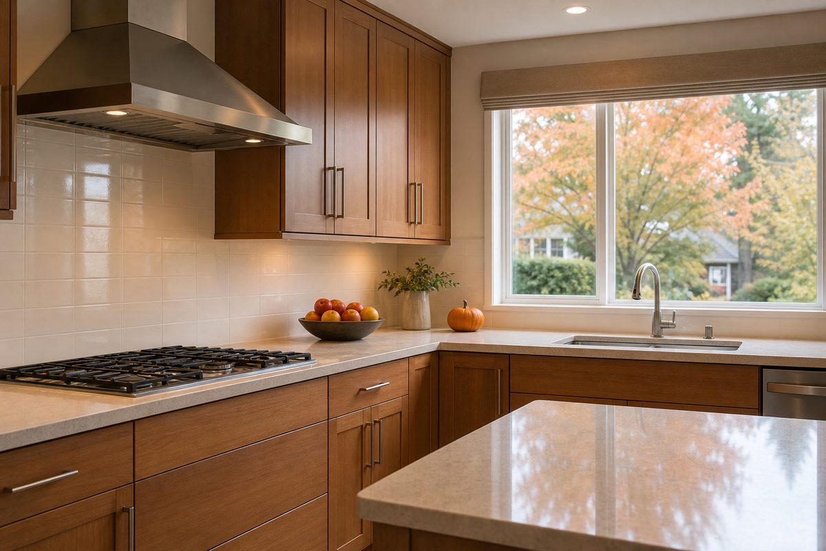 A clean Spokane kitchen with a spotless range hood, clear counters, and soft autumn light through the window