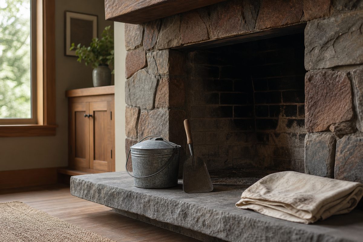 A cold brick fireplace in a Spokane living room with a lidded metal ash bucket and small shovel on the hearth in morning light