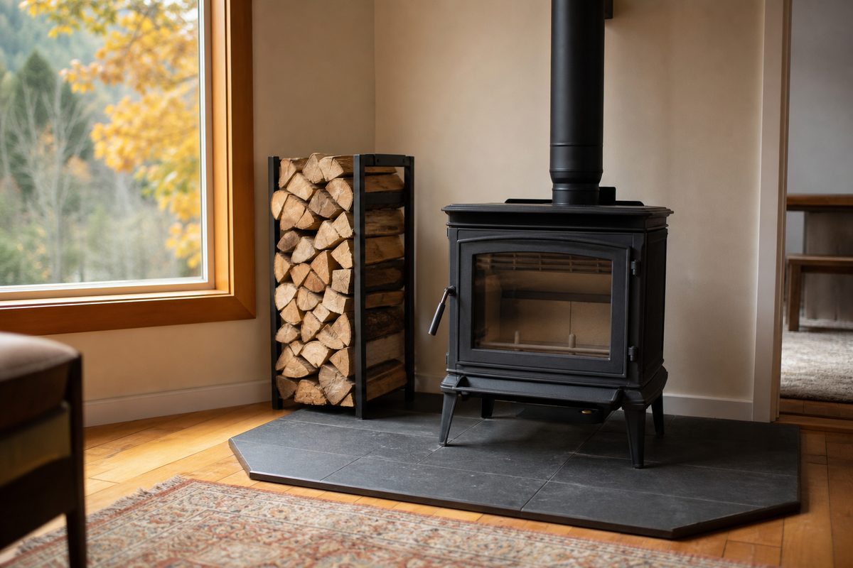 A black cast iron wood stove with clear glass door on a tile hearth pad in a Spokane living room, seasoned firewood stacked in a rack beside it