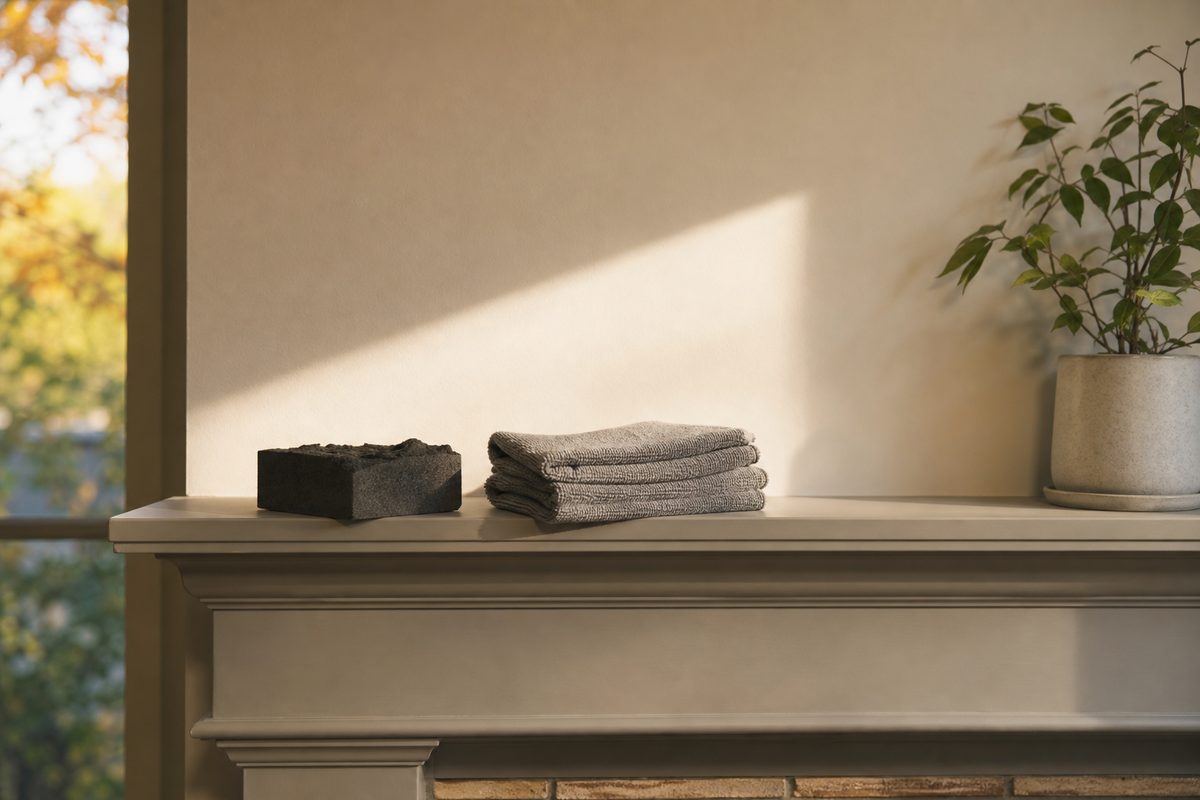 A painted wall and wood mantel above a Spokane fireplace with a dry cleaning sponge and folded microfiber cloths resting on the mantel in autumn light