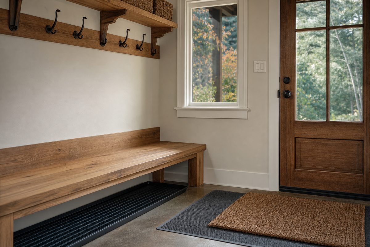 A Spokane mudroom bench with a ribbed boot tray beneath it, layered entry mats, and empty wall hooks ready for winter coats in soft fall light