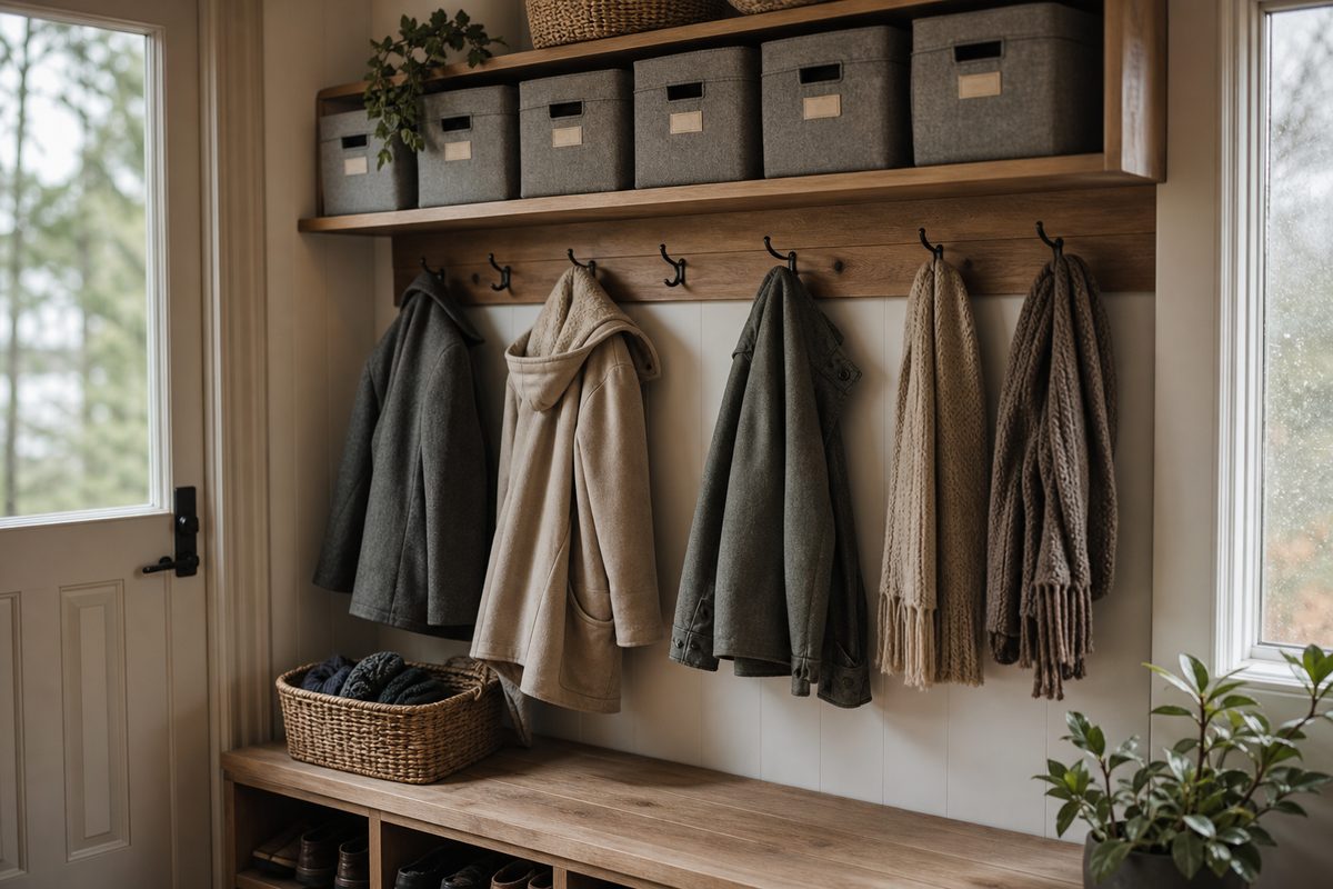 Labeled fabric bins on a shelf above a row of wall hooks holding winter coats and scarves in an organized Spokane mudroom