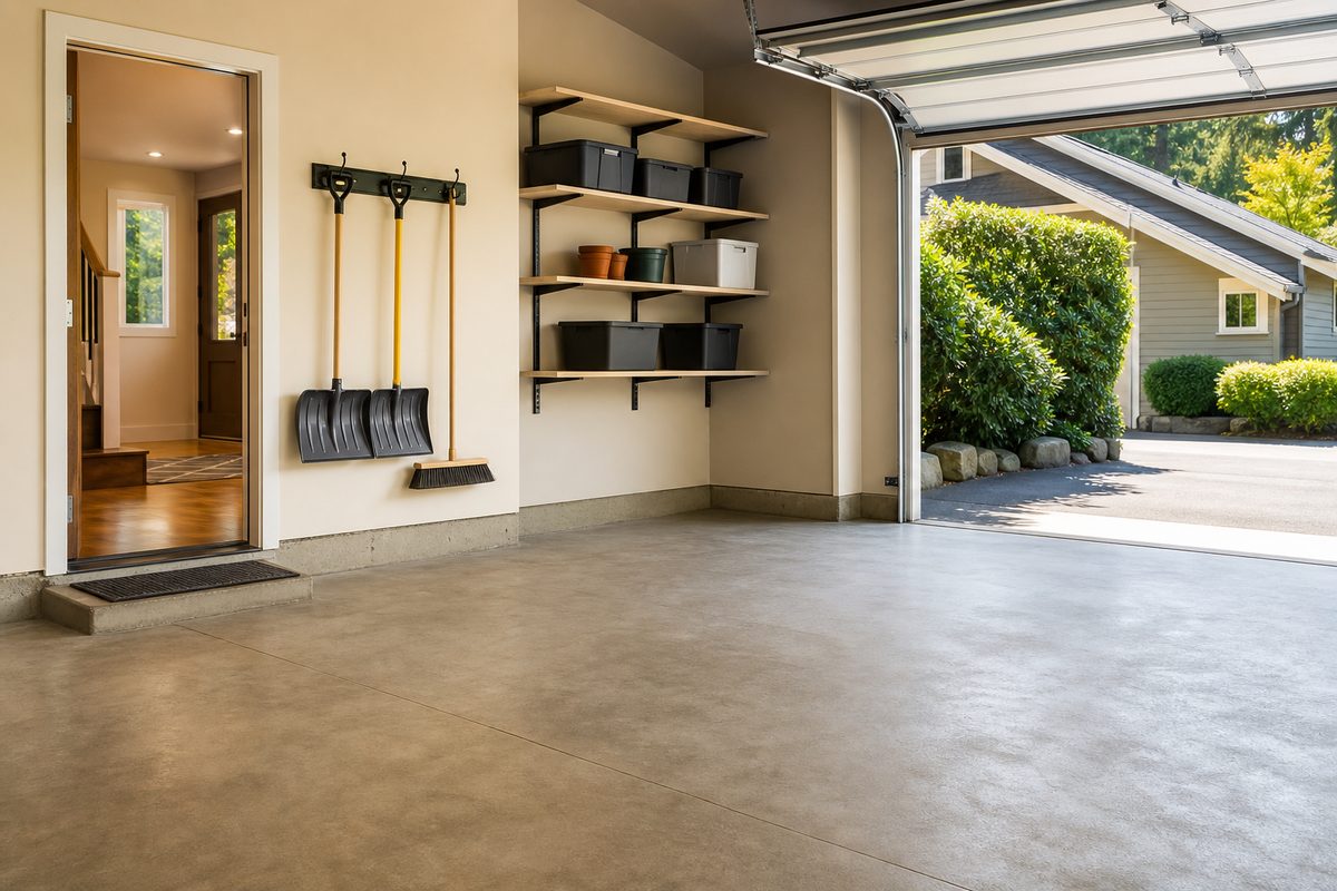 A freshly swept Spokane garage floor with a push broom leaning on tidy wall shelving and snow shovels hung on hooks beside the door