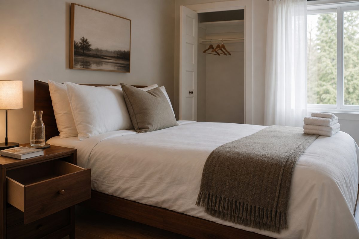 A made-up guest bedroom in a Spokane home with fresh linens, folded towels, and a bedside lamp, ready for holiday visitors