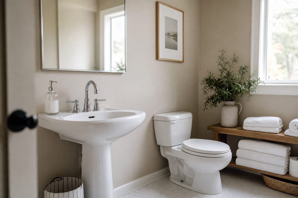 A spotless guest bathroom in a Spokane home with folded towels, clean grout, and a full soap dispenser