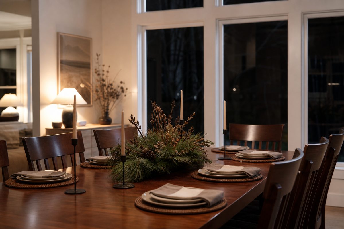 A clean Spokane dining room with a polished wood table, simple place settings, and warm lamplight on a winter evening