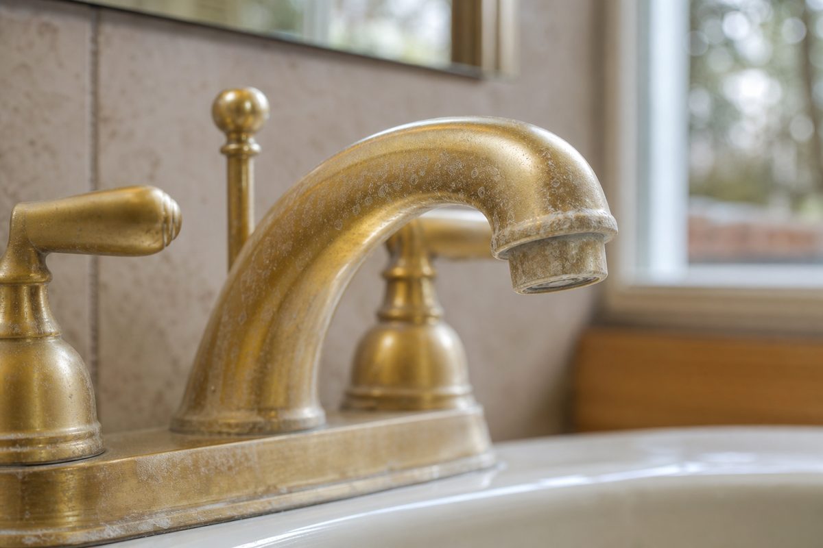 Hard-water mineral buildup on a Spokane bathroom faucet, a condition that affects a cleaning estimate