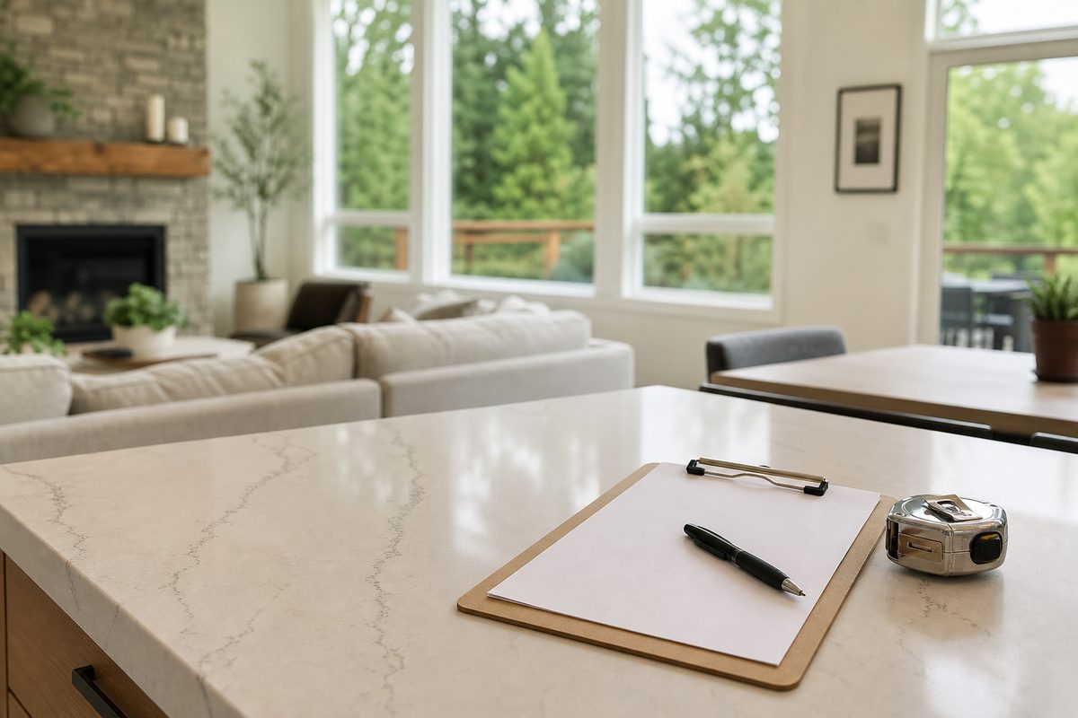 A cleaner walking through a Spokane living room with a clipboard to assess the home for an estimate