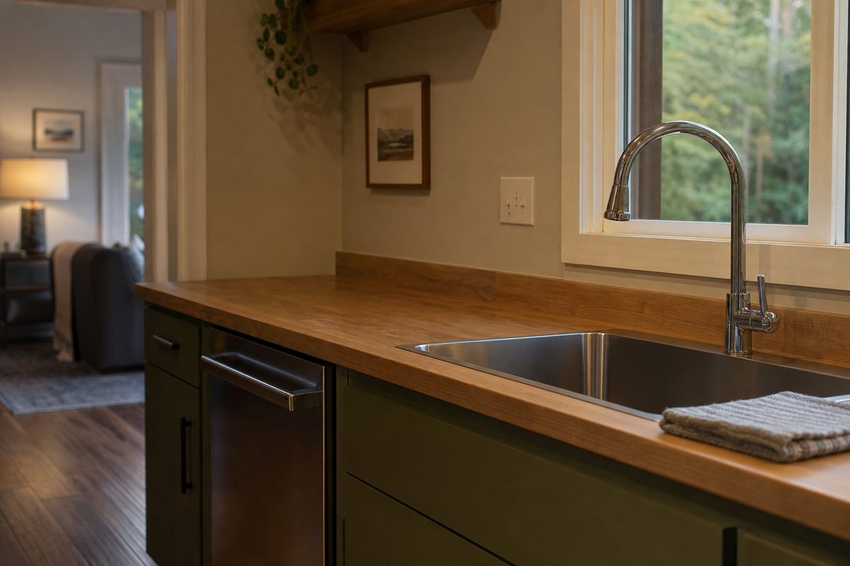 A clean kitchen sink and clear counter in a Spokane home at the end of the day, with a folded cloth on the edge