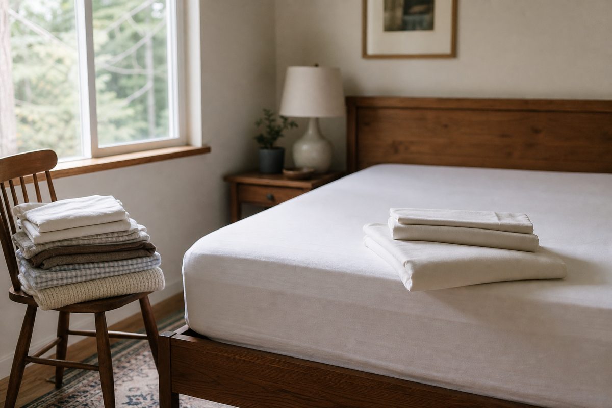A bed being remade with fresh white sheets in a Spokane bedroom, with folded laundry on a chair nearby