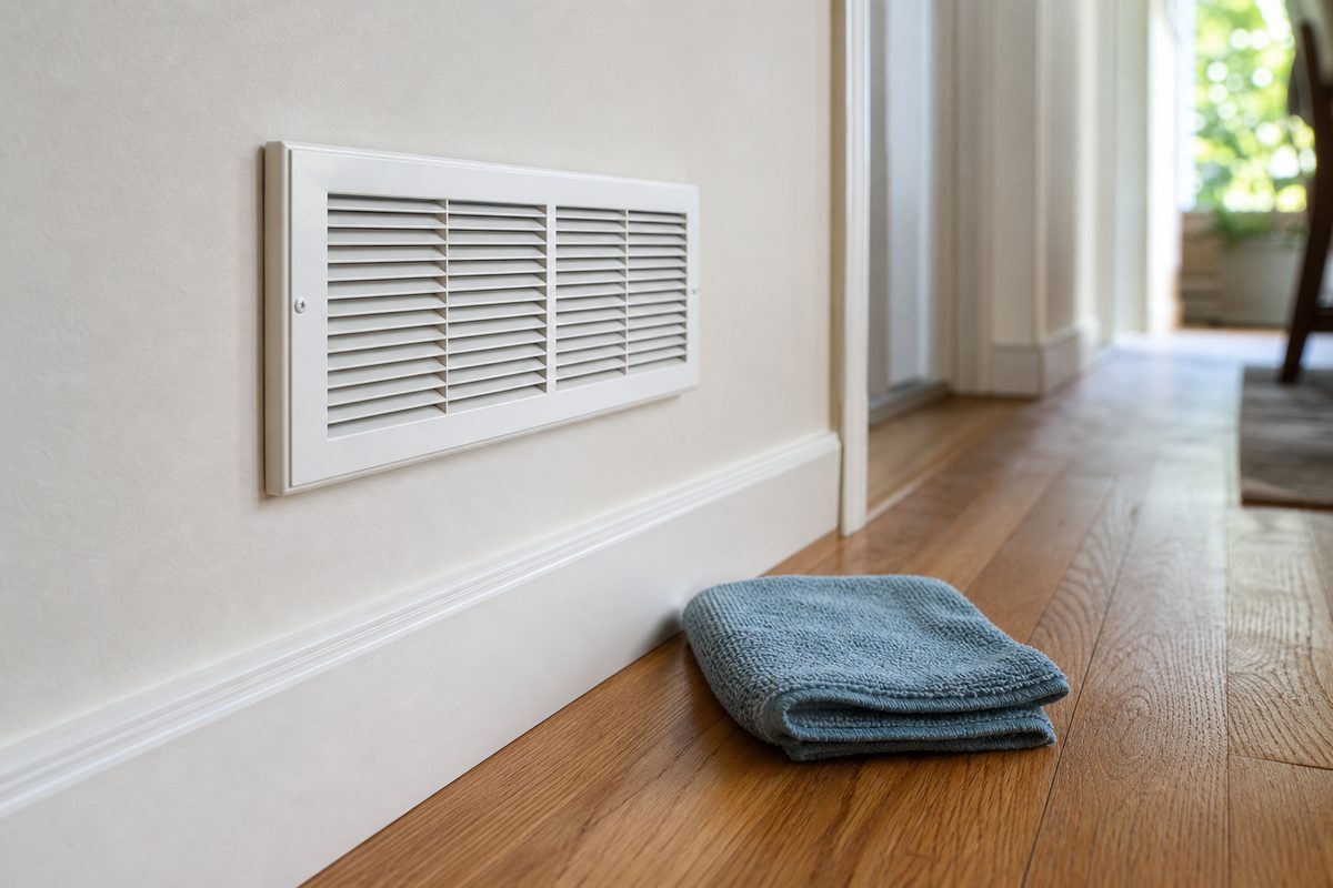 A clean white supply vent cover and freshly wiped baseboard along a hallway wall in a Spokane home