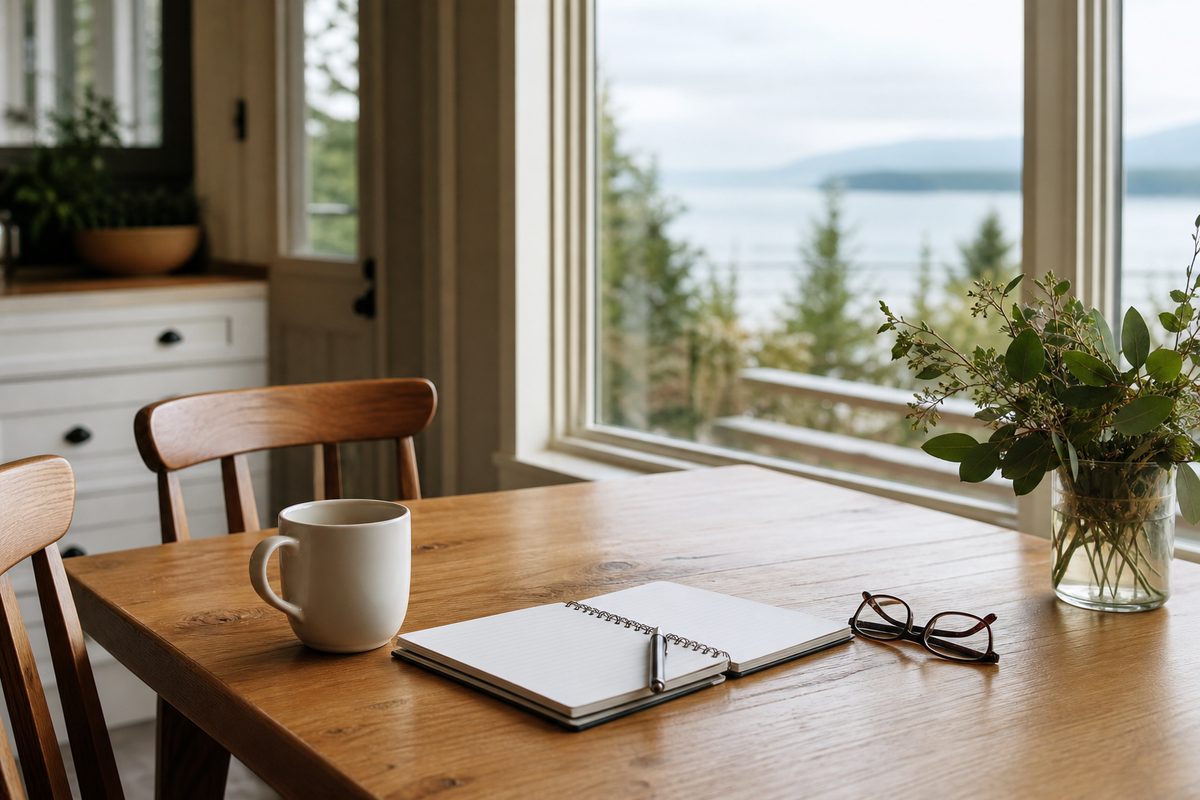 A Spokane kitchen table set with a notepad, pen, and coffee mug beside a window during a home consultation