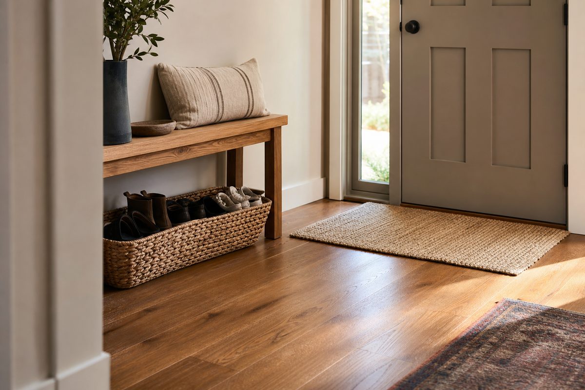 A tidy Spokane home entryway with a woven doormat, a low bench, and a basket of shoes lined up by the front door