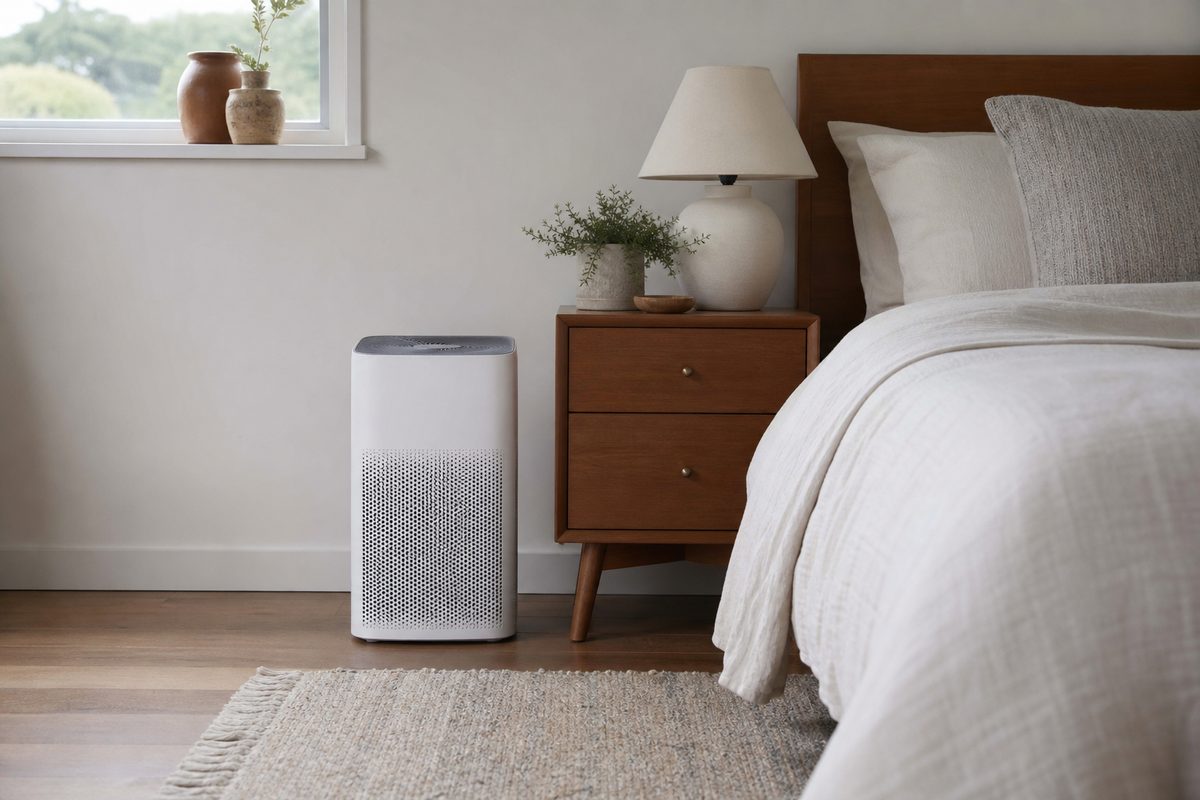 A small HEPA air purifier beside a neatly made bed in a calm, tidy Spokane bedroom with soft natural light