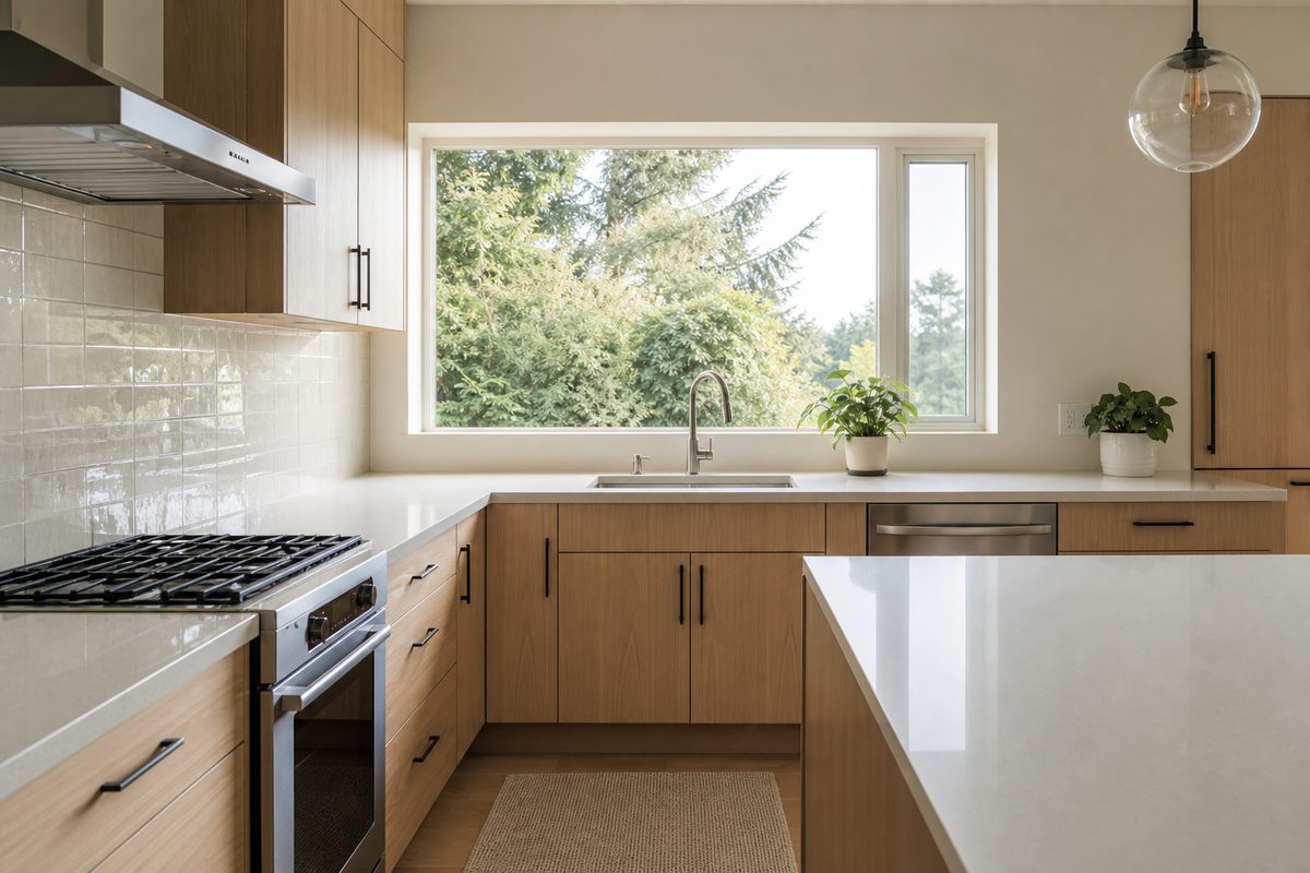 A tidied Spokane kitchen with cleared countertops and an empty sink, ready for a house cleaner