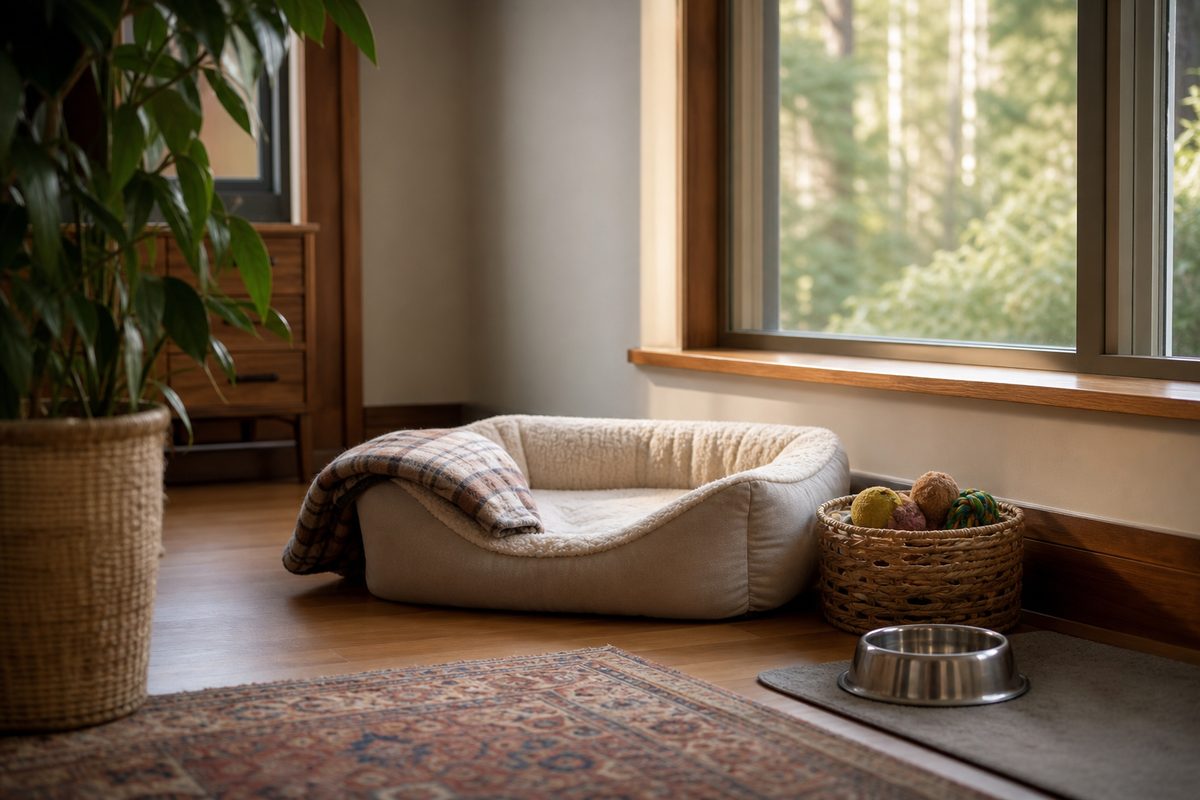 A cozy pet nook with a dog bed set up in a quiet corner of a Spokane home for cleaning day