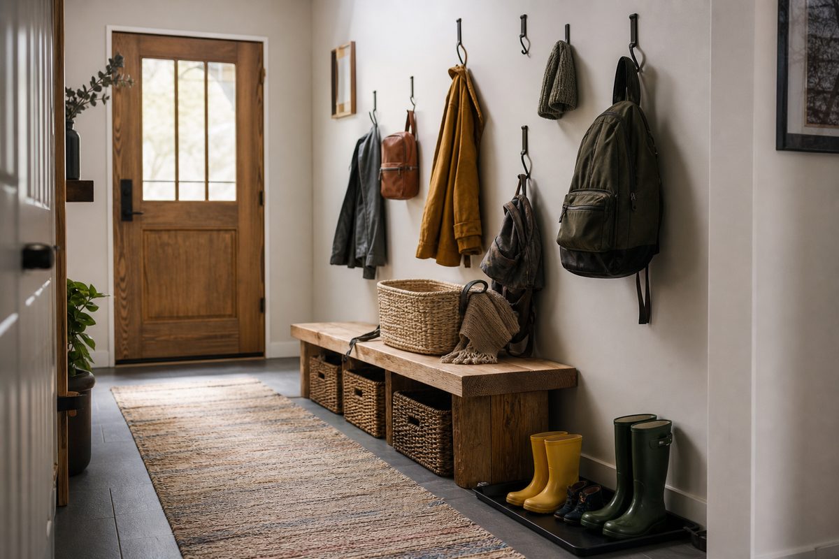A Spokane family entryway drop zone with wall hooks, labeled bins, a bench, and a boot tray on a washable runner