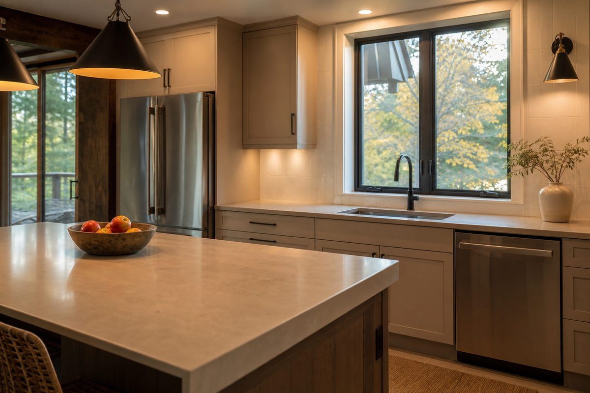 A family kitchen in a Spokane home reset for the evening with clear counters, an empty sink, and a wiped island under warm light