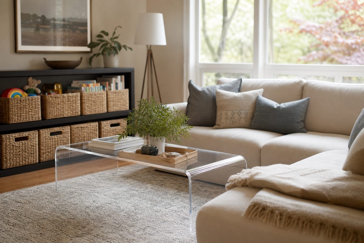 A tidy family living room in a Spokane home with woven storage baskets holding toys, a clear coffee table, and folded throw blankets