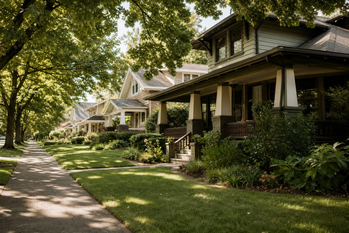 A quiet Spokane residential street of older craftsman homes with mature trees on a summer morning