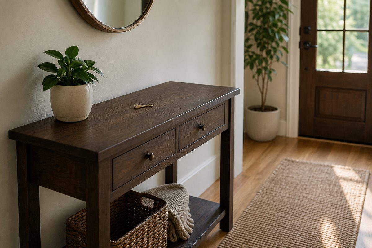 A single house key left on a console table in a tidy Spokane home entryway by the front door