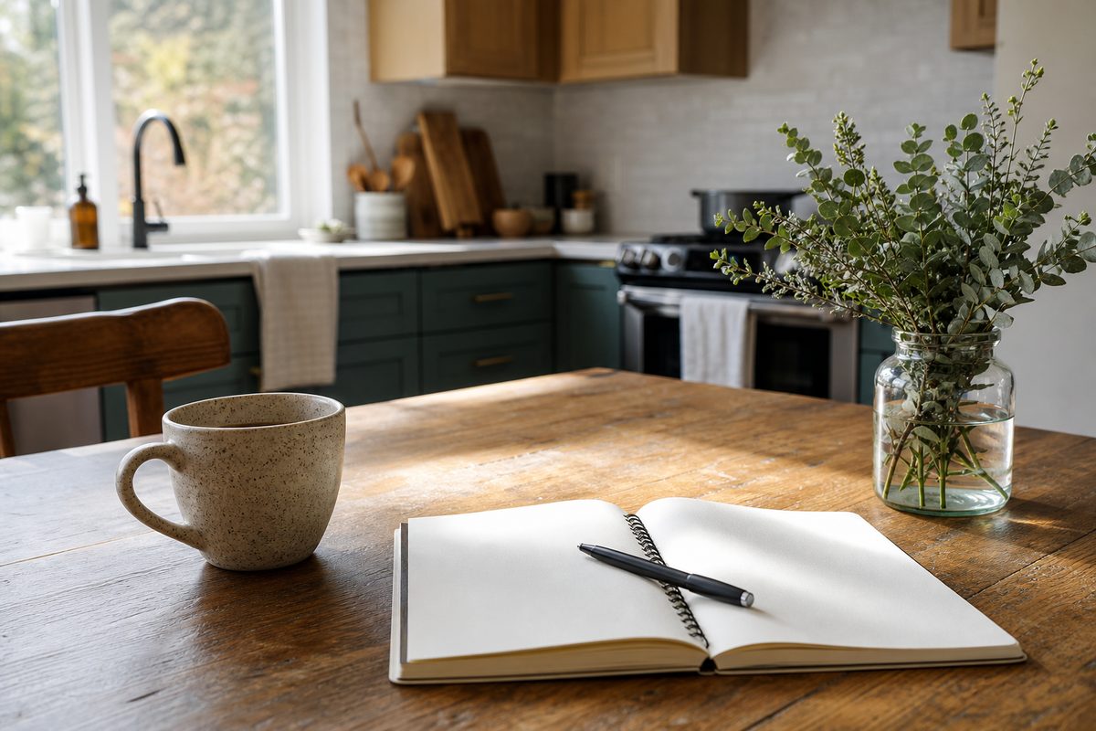 A Spokane kitchen table with a notepad, pen, and coffee mug set out for a house cleaning consultation