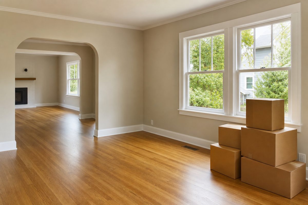 An empty Spokane living room with bare hardwood floors, white trim, and morning light through uncovered windows before move-in day
