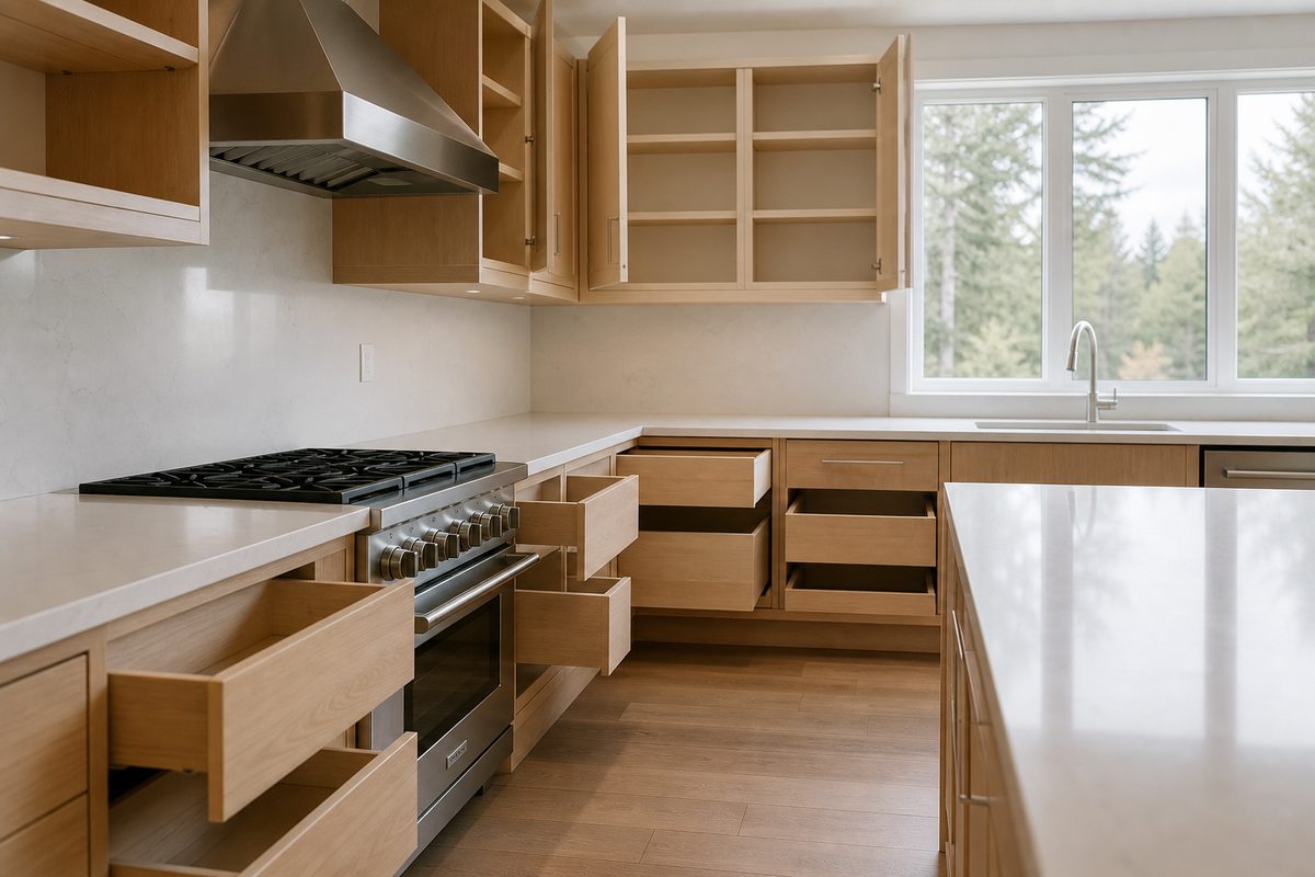 Empty kitchen cabinets and open drawers wiped clean in a Spokane home before move-in, with bare countertops and a stainless range