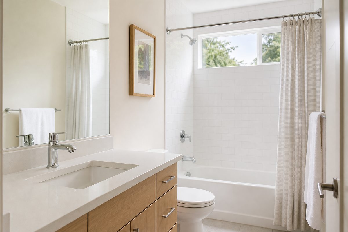 A clean empty bathroom in a Spokane home with a scrubbed tile shower, spotless mirror, and bare vanity ready for move-in