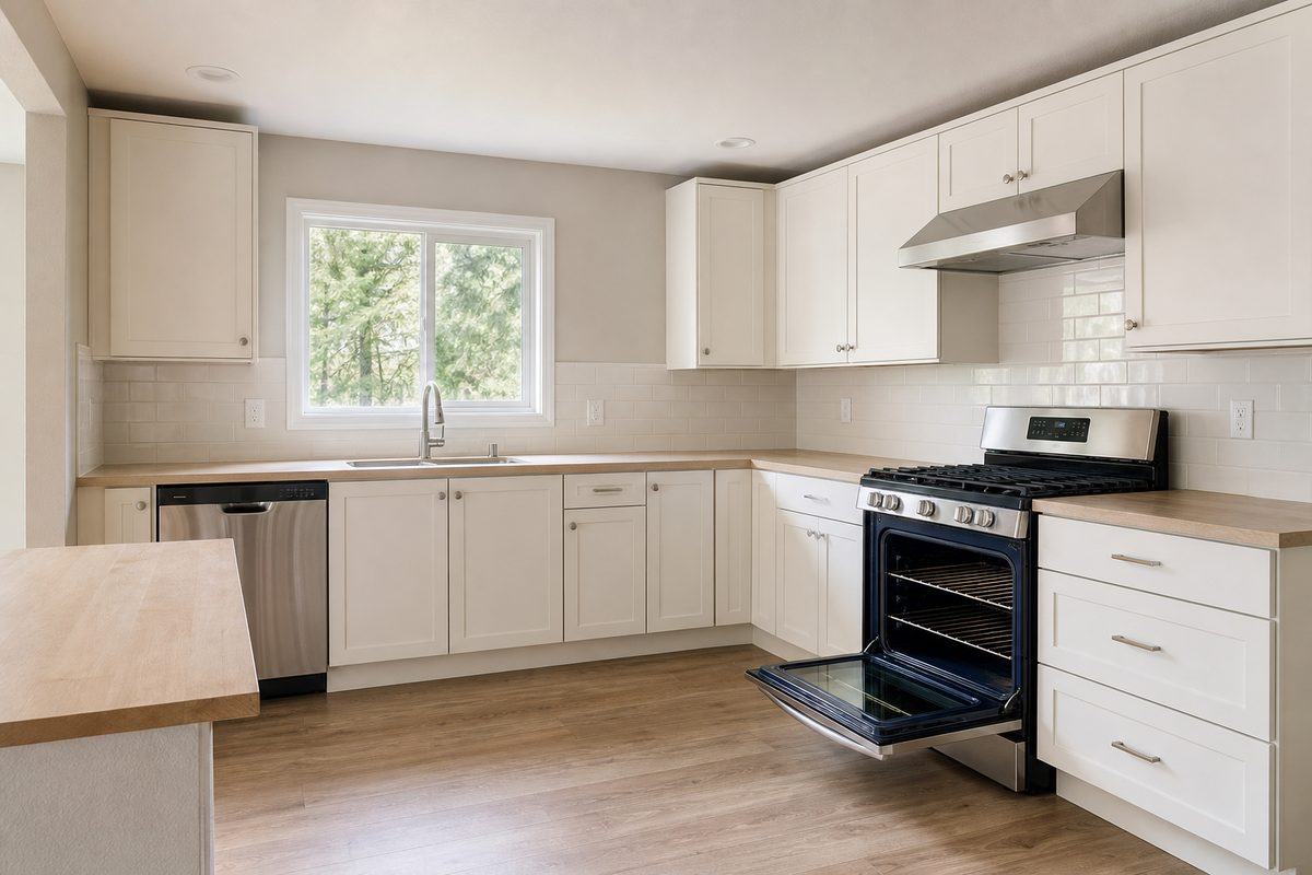 A spotless empty rental kitchen in Spokane with clean oven, range hood, and bare countertops